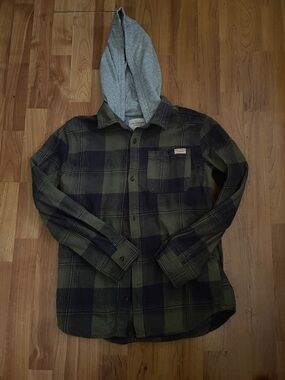 Levi's Plaid Hooded Shirt Jacket in Olive & Gray